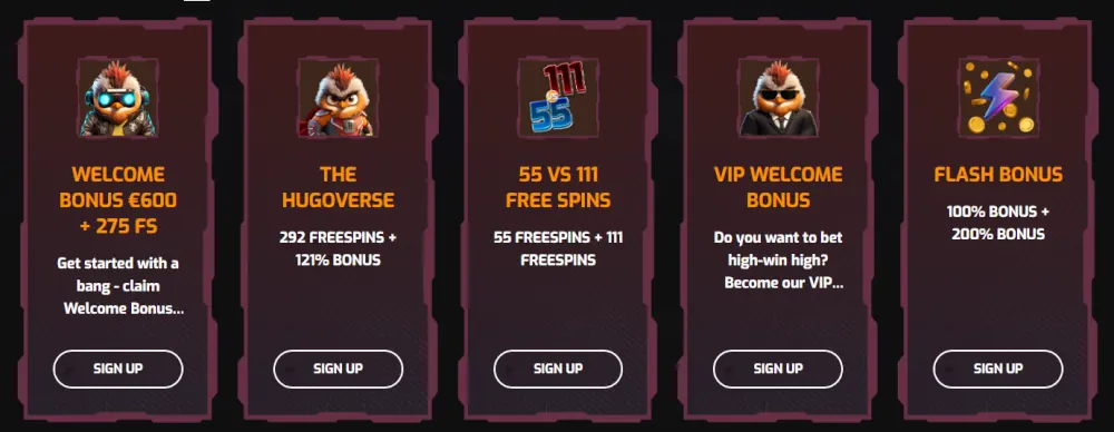 Hugo Casino promotionsgitter, der viser forskellige velkomst- og genindskudbonusser.